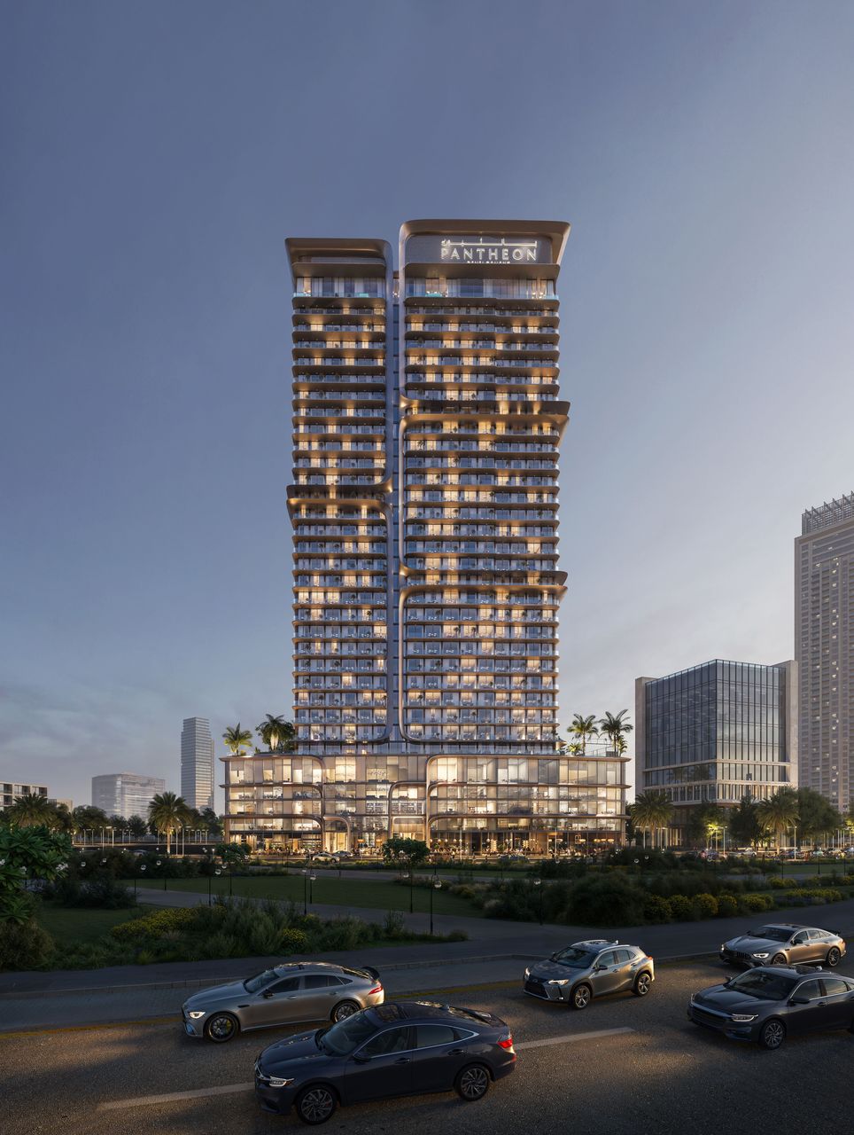 VOXA by PANTHEON Development | Night view of VOXA tower showcasing modern architecture.